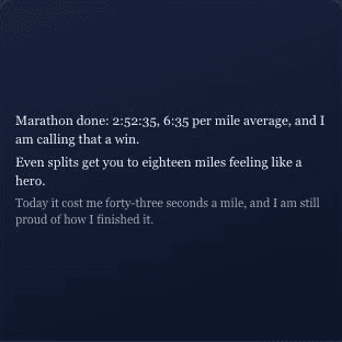 Carmen Ortiz’s sample Social Media Race Story Carmen Ortiz’s Race Story teaser from the Pack CTA, with three paragraphs on a dark background.